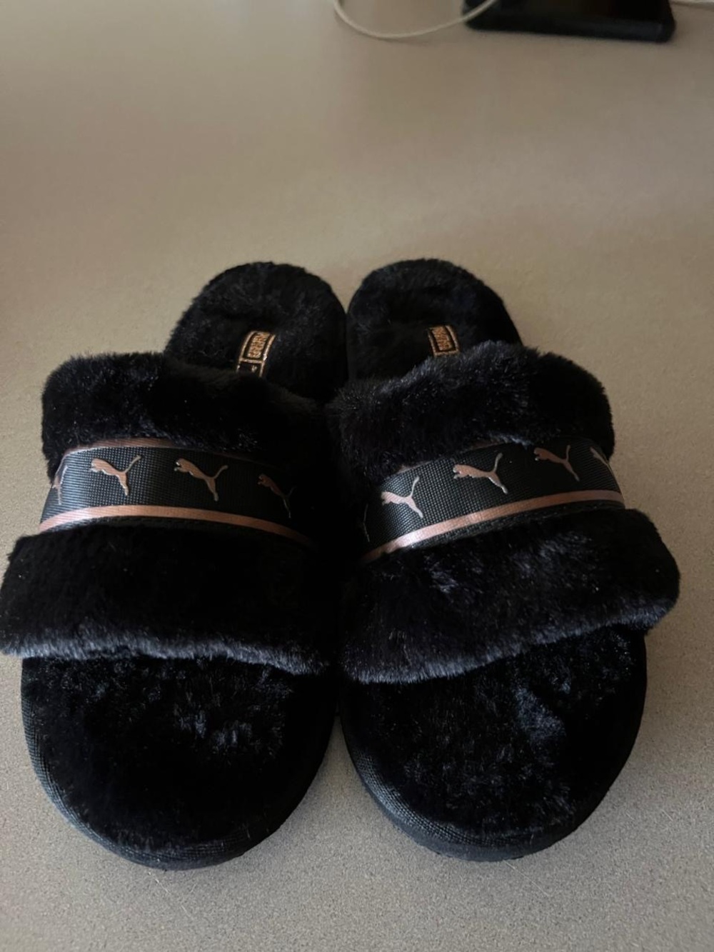 Puma Women's Black Faux-Fur Slide Sandals with Rose Gold Logo Trim